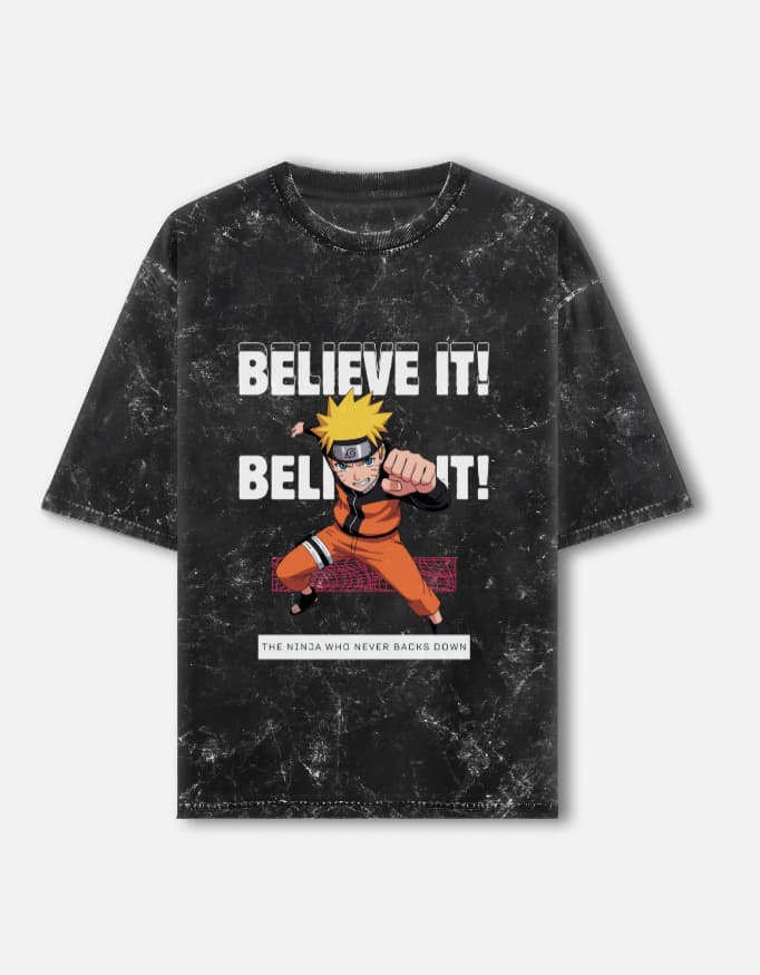 Acid Washed Oversized Tee Naruto Belive It Front Print